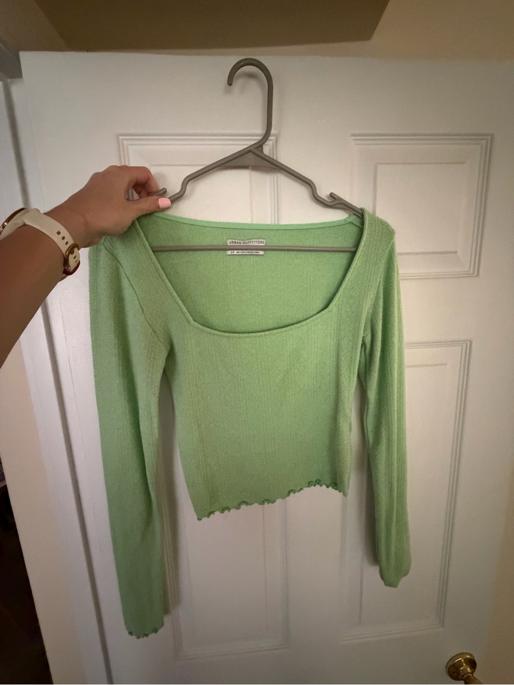 Urban Outfitters Light Green Square Neck Ribbed Long Sleeve Top